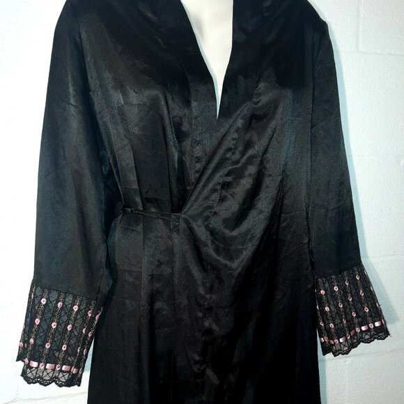 Delicates Women's Black Silky Wrap Robe Lightweight Intimates Rosebud Lace - Picture 5 of 10